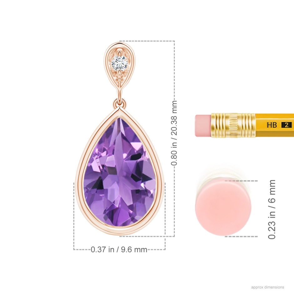 12x8mm AA Bezel-Set Amethyst Teardrop Pendant with Diamond in Rose Gold ruler