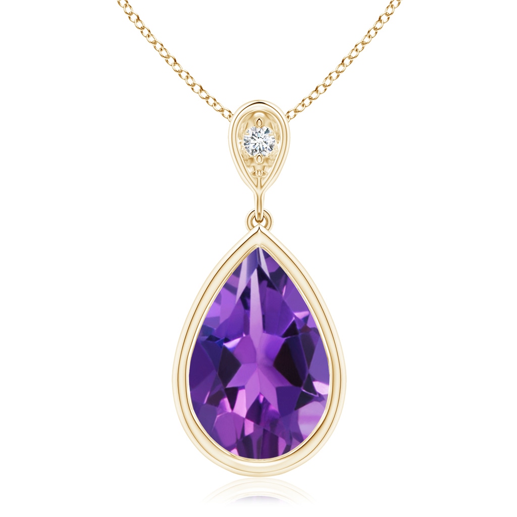 12x8mm AAAA Bezel-Set Amethyst Teardrop Pendant with Diamond in Yellow Gold