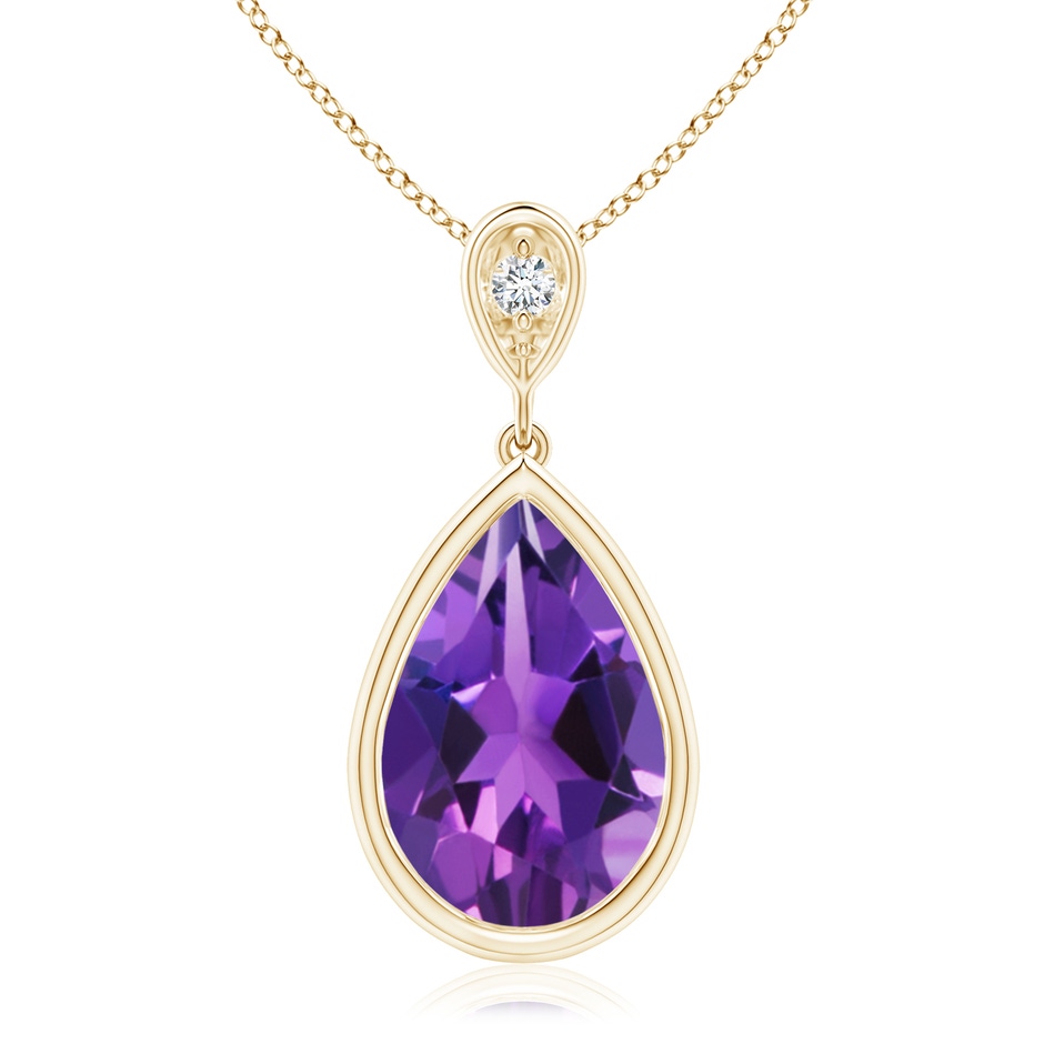 12x8mm AAAA Bezel-Set Amethyst Teardrop Pendant with Diamond in Yellow Gold 