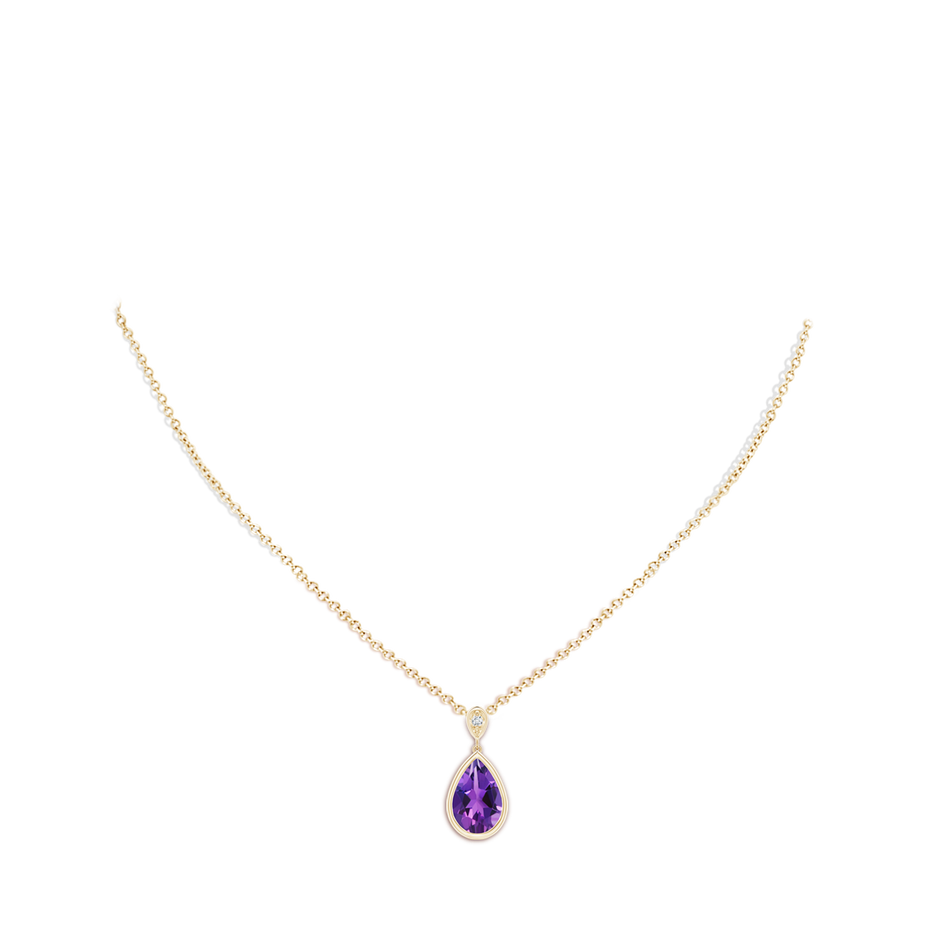 12x8mm AAAA Bezel-Set Amethyst Teardrop Pendant with Diamond in Yellow Gold pen