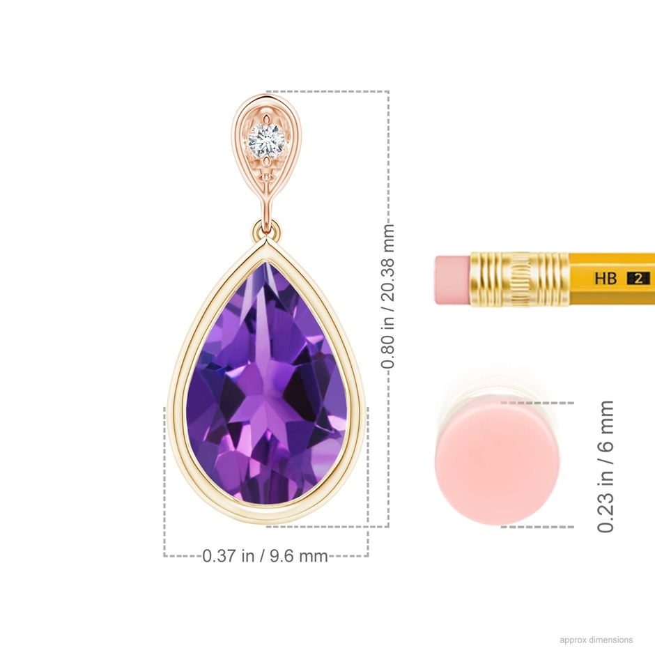 12x8mm AAAA Bezel-Set Amethyst Teardrop Pendant with Diamond in Yellow Gold Rose Gold ruler