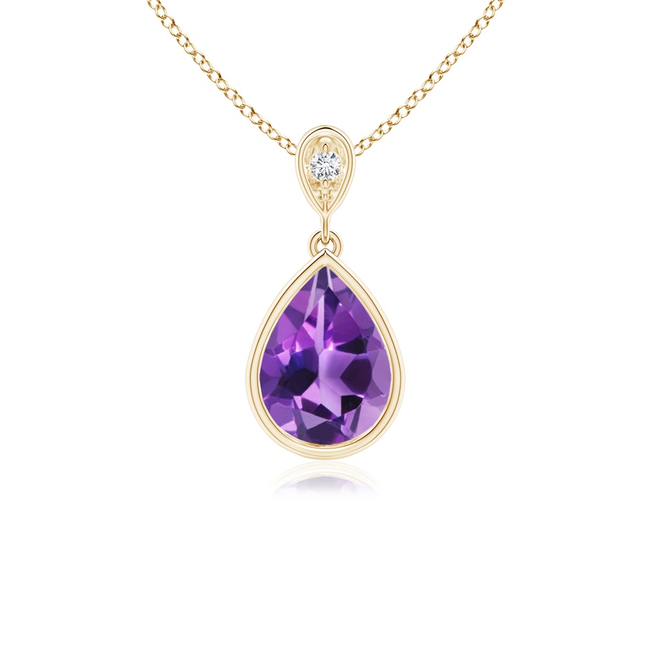 8x6mm AAA Bezel-Set Amethyst Teardrop Pendant with Diamond in Yellow Gold 