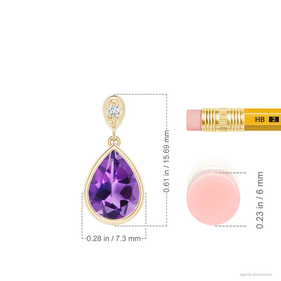 8x6mm AAA Bezel-Set Amethyst Teardrop Pendant with Diamond in Yellow Gold ruler
