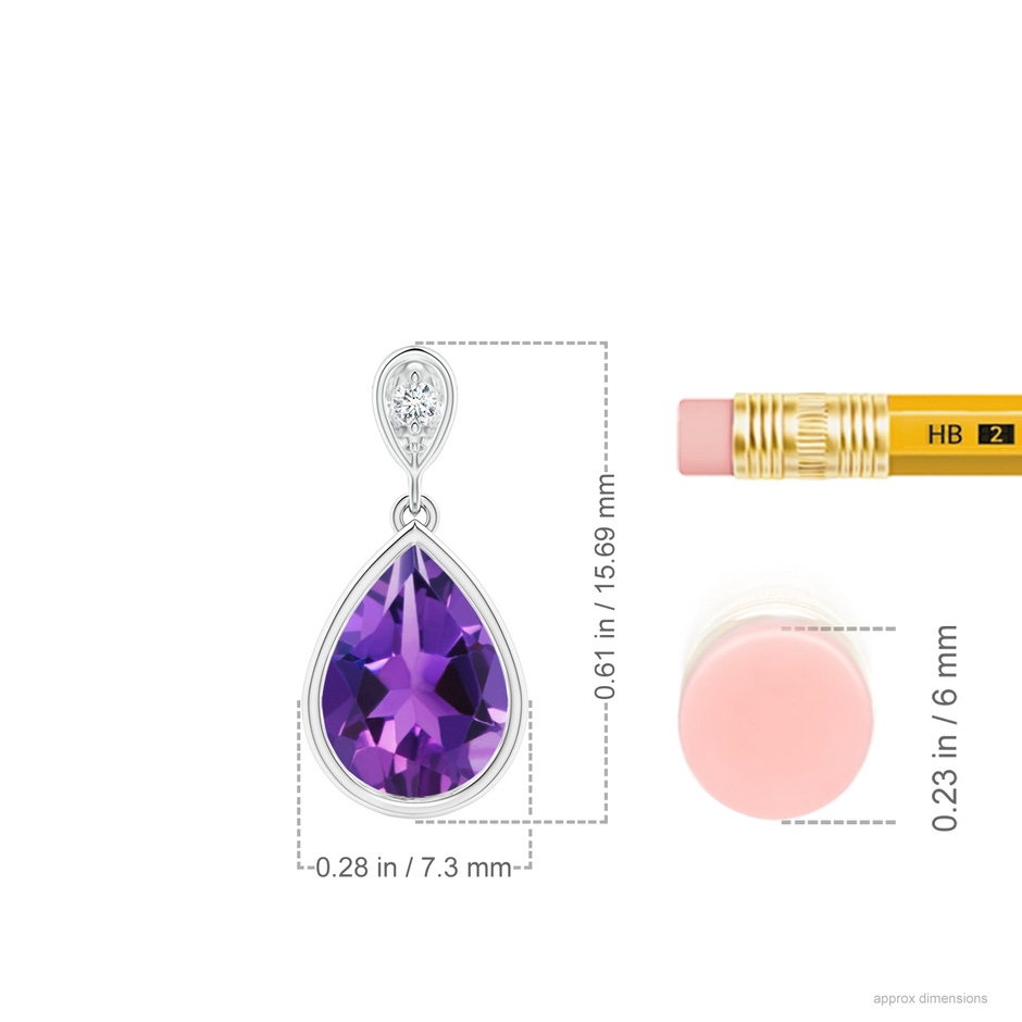 8x6mm AAAA Bezel-Set Amethyst Teardrop Pendant with Diamond in S999 Silver ruler