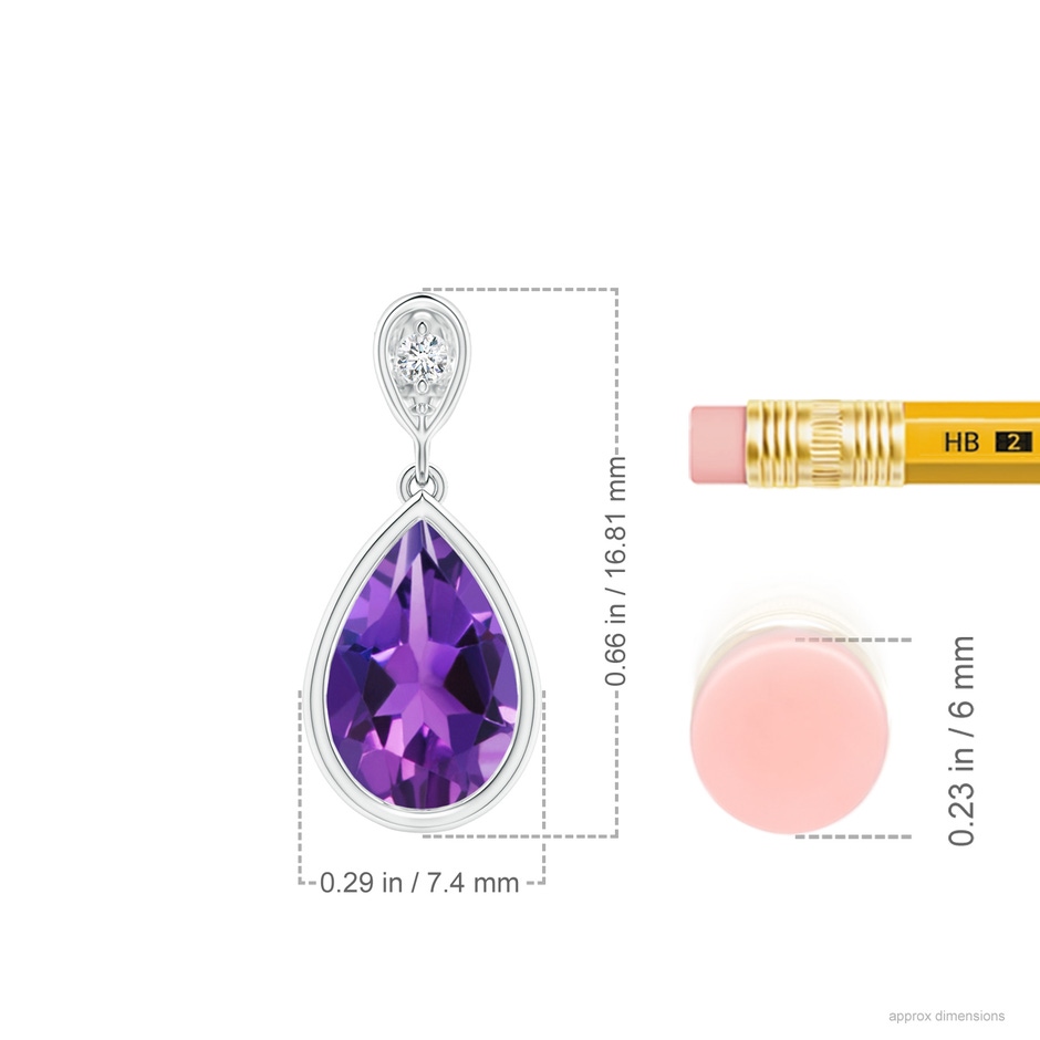 9x6mm AAAA Bezel-Set Amethyst Teardrop Pendant with Diamond in S999 Silver ruler