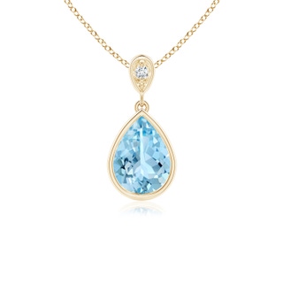 8x6mm AAAA Bezel-Set Aquamarine Teardrop Pendant with Diamond in Yellow Gold