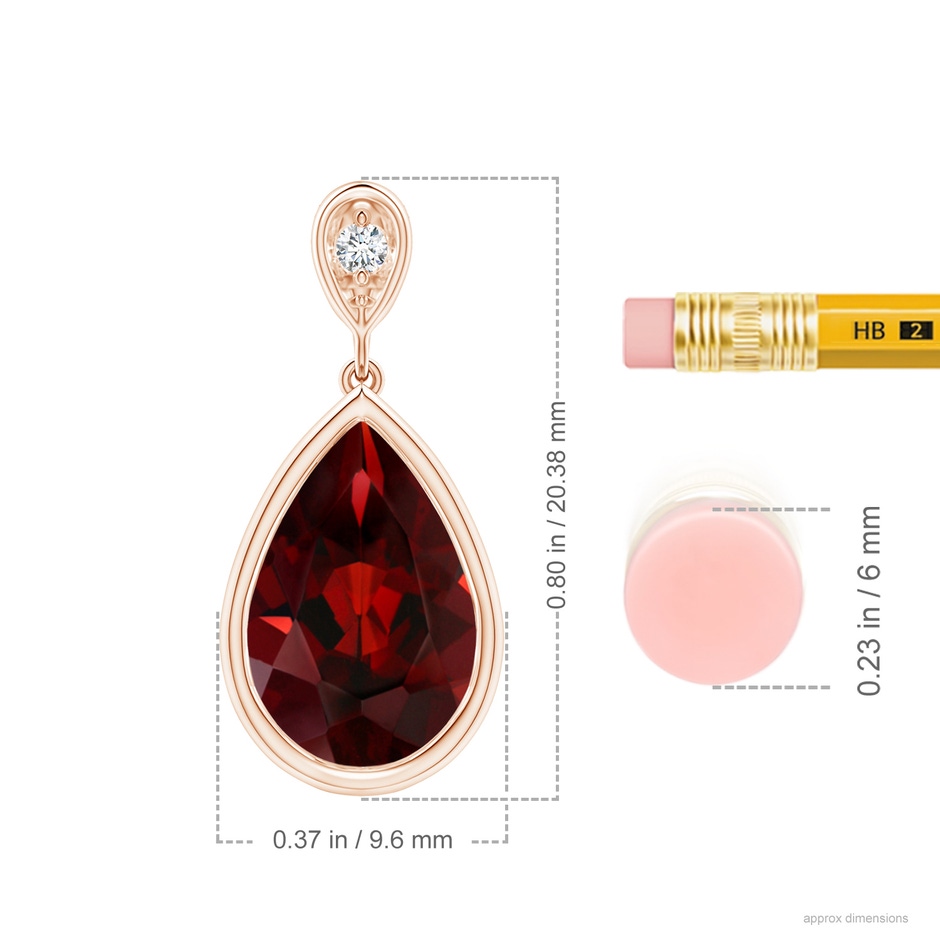 12x8mm AAA Bezel-Set Garnet Teardrop Pendant with Diamond in Rose Gold ruler