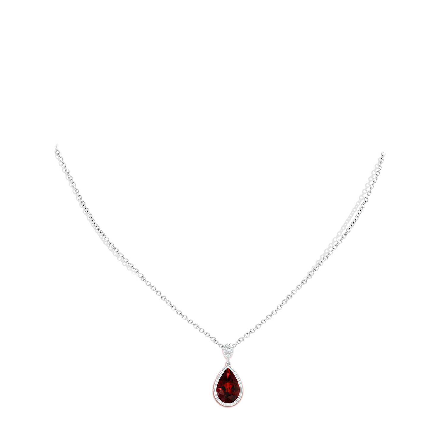 12x8mm AAA Bezel-Set Garnet Teardrop Pendant with Diamond in White Gold - body_neck