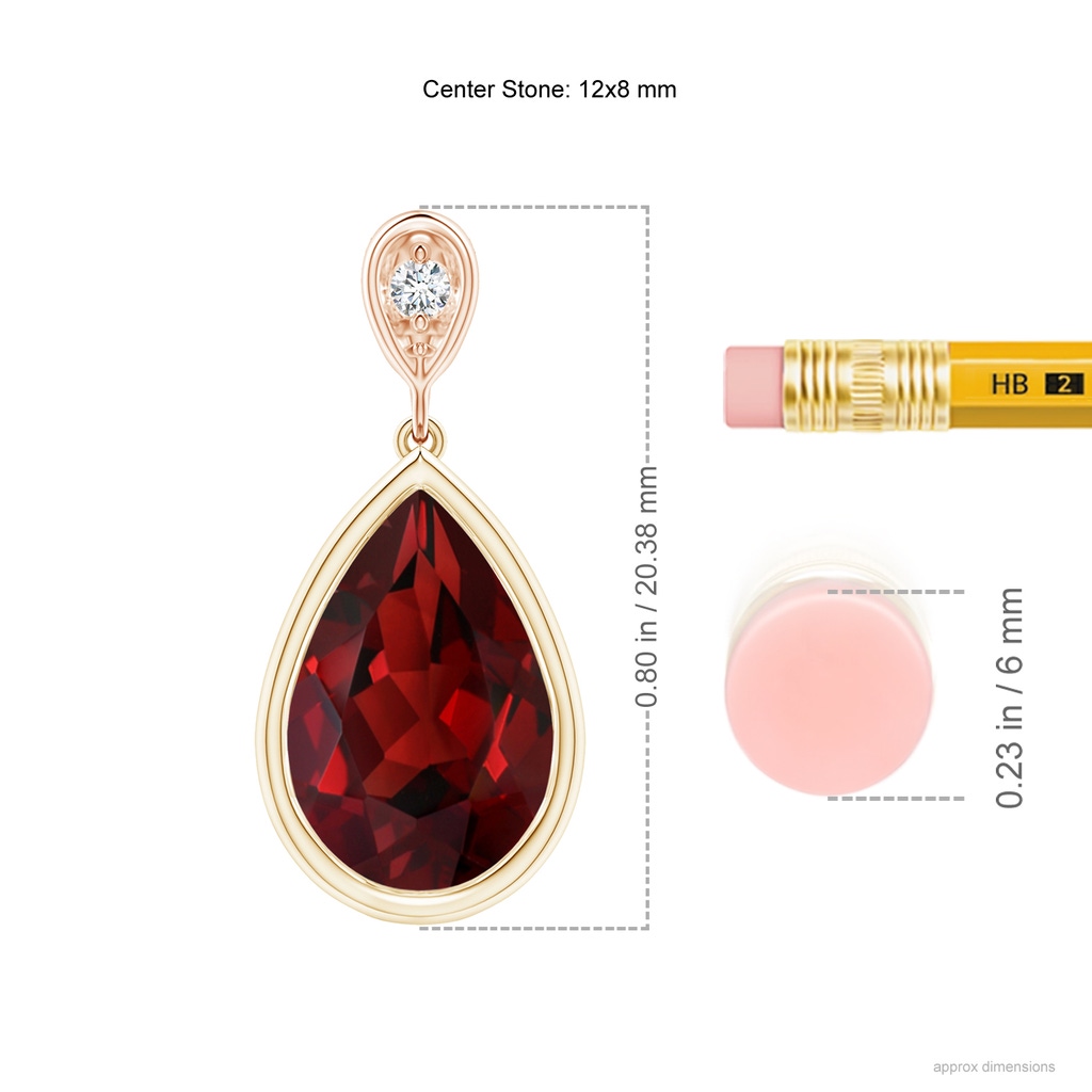 12x8mm AAAA Bezel-Set Garnet Teardrop Pendant with Diamond in Yellow Gold Rose Gold Ruler