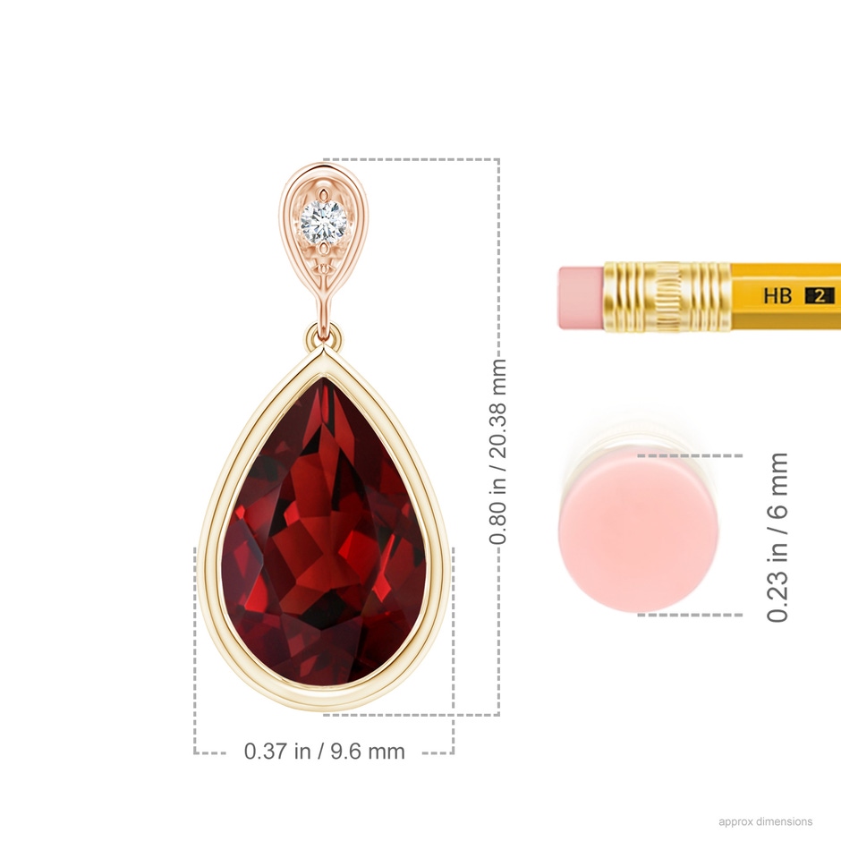12x8mm AAAA Bezel-Set Garnet Teardrop Pendant with Diamond in Yellow Gold Rose Gold ruler