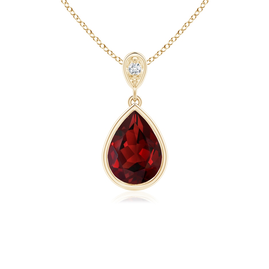 8x6mm AAAA Bezel-Set Garnet Teardrop Pendant with Diamond in Yellow Gold 