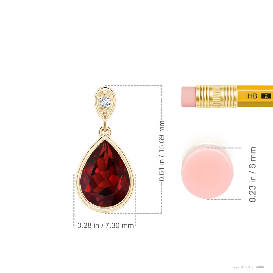 8x6mm AAAA Bezel-Set Garnet Teardrop Pendant with Diamond in Yellow Gold ruler