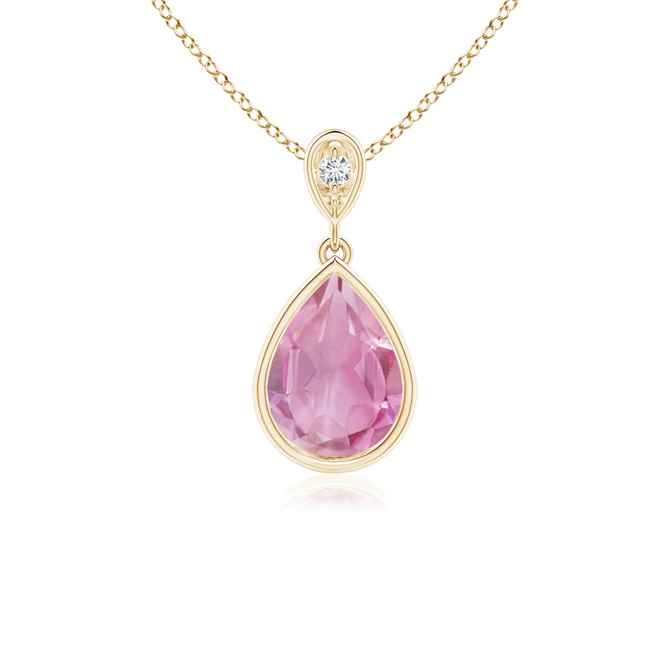 8x6mm A Bezel-Set Pink Tourmaline Teardrop Pendant with Diamond in Yellow Gold 