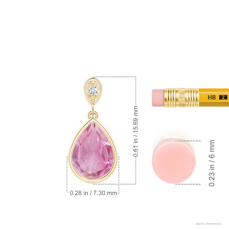 8x6mm A Bezel-Set Pink Tourmaline Teardrop Pendant with Diamond in Yellow Gold ruler