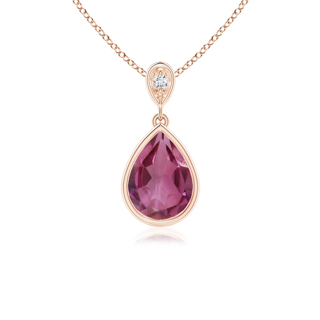 8x6mm AAAA Bezel-Set Pink Tourmaline Teardrop Pendant with Diamond in Rose Gold