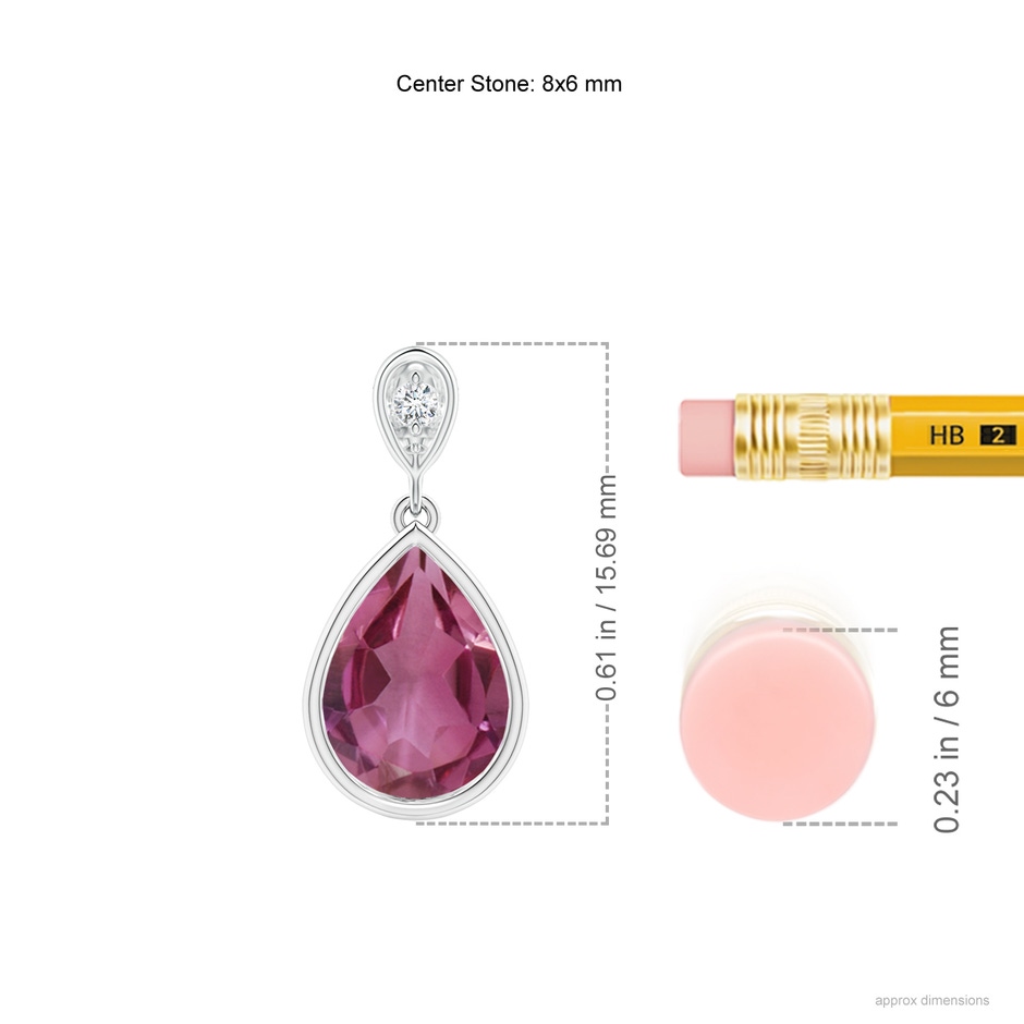 8x6mm AAAA Bezel-Set Pink Tourmaline Teardrop Pendant with Diamond in White Gold ruler