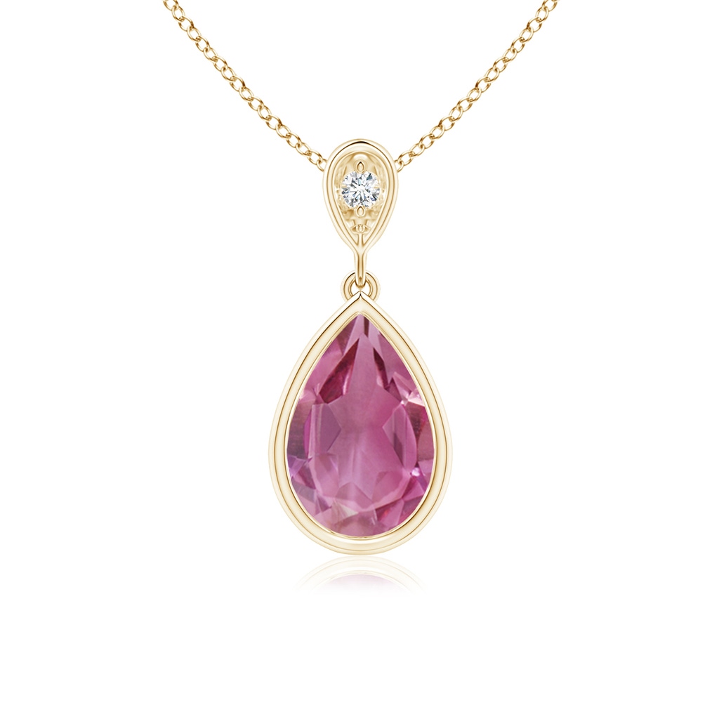 9x6mm AAA Bezel-Set Pink Tourmaline Teardrop Pendant with Diamond in Yellow Gold