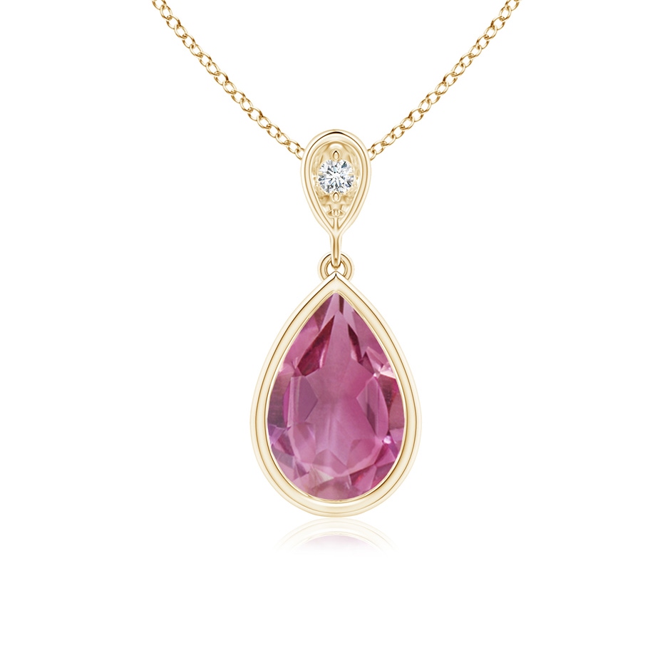 9x6mm AAA Bezel-Set Pink Tourmaline Teardrop Pendant with Diamond in Yellow Gold 