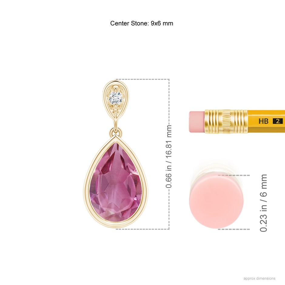 9x6mm AAA Bezel-Set Pink Tourmaline Teardrop Pendant with Diamond in Yellow Gold ruler