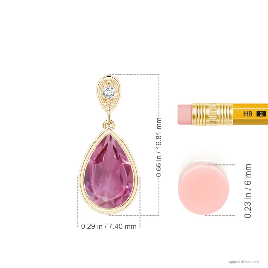 9x6mm AAA Bezel-Set Pink Tourmaline Teardrop Pendant with Diamond in Yellow Gold ruler