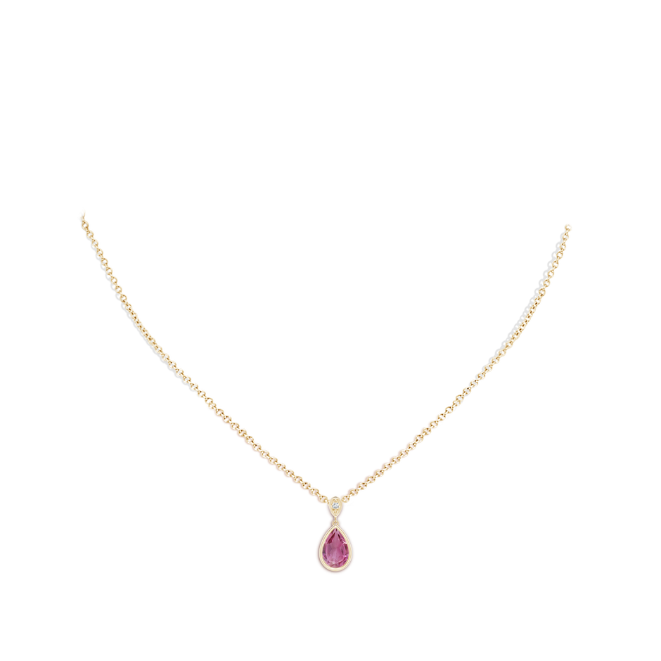 9x6mm AAA Bezel-Set Pink Tourmaline Teardrop Pendant with Diamond in Yellow Gold pen