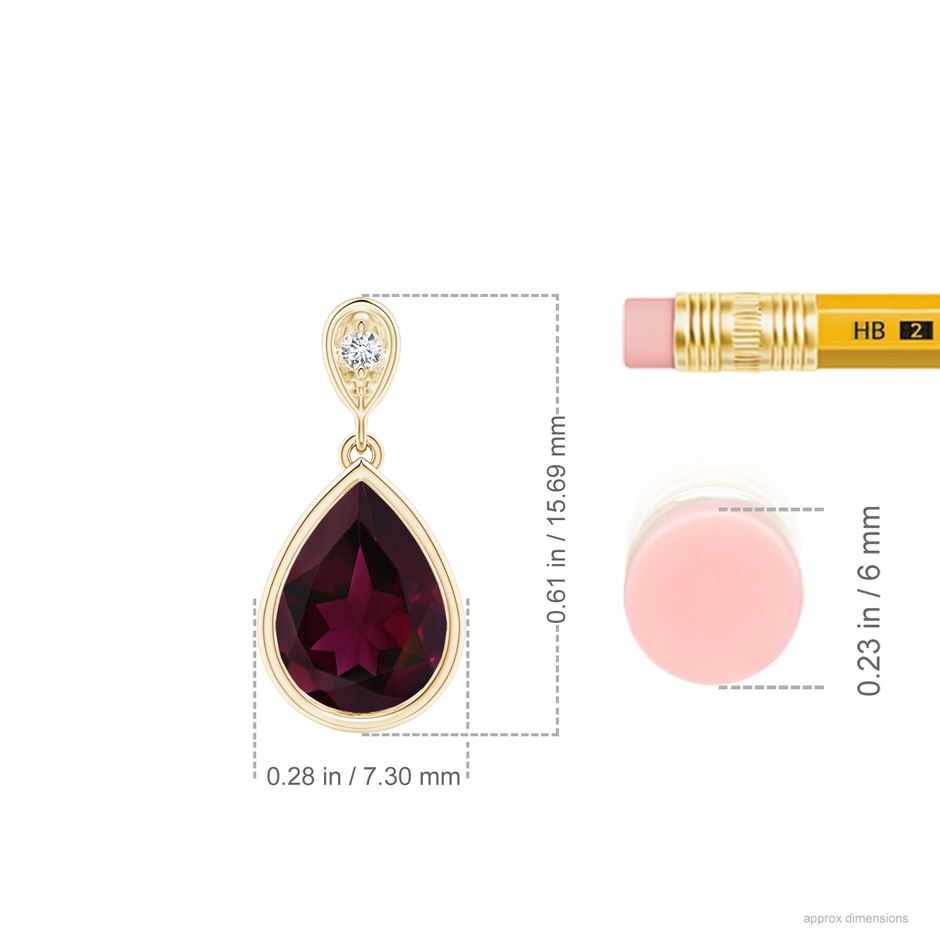 8x6mm A Bezel-Set Rhodolite Teardrop Pendant with Diamond in Yellow Gold ruler
