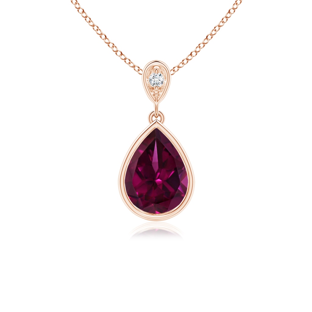 8x6mm AAAA Bezel-Set Rhodolite Teardrop Pendant with Diamond in Rose Gold