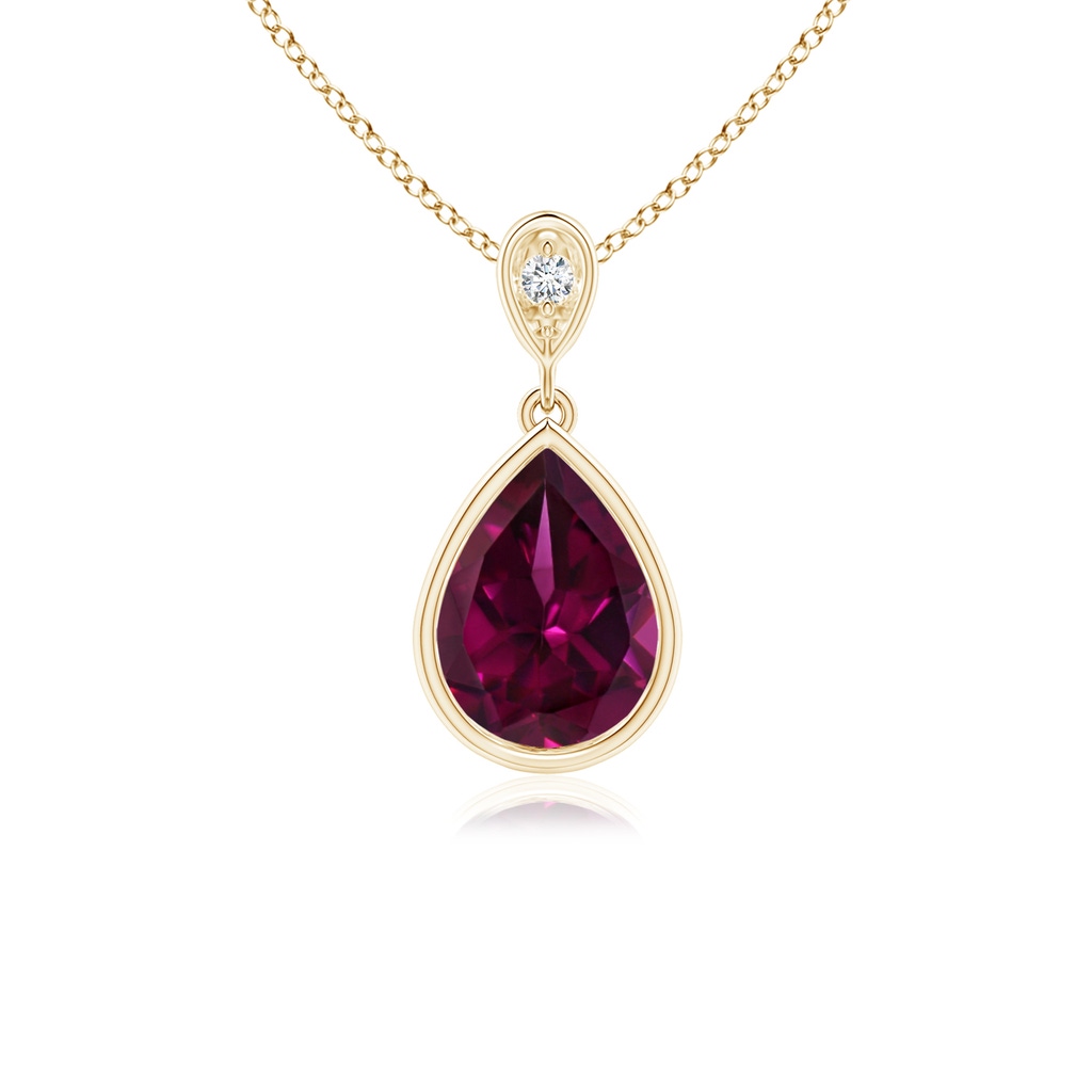 8x6mm AAAA Bezel-Set Rhodolite Teardrop Pendant with Diamond in Yellow Gold