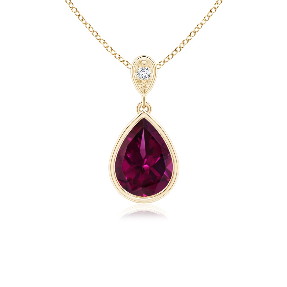 8x6mm AAAA Bezel-Set Rhodolite Teardrop Pendant with Diamond in Yellow Gold 