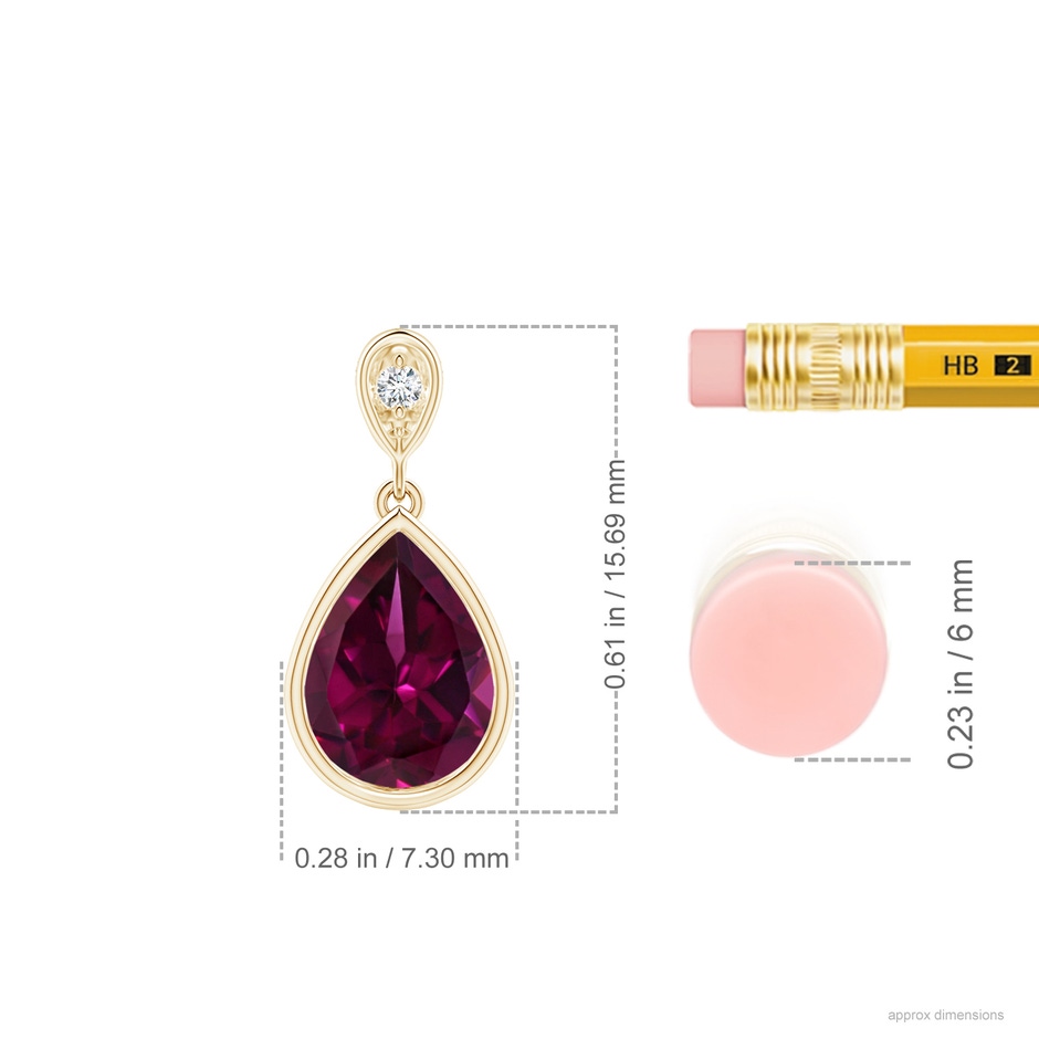 8x6mm AAAA Bezel-Set Rhodolite Teardrop Pendant with Diamond in Yellow Gold ruler