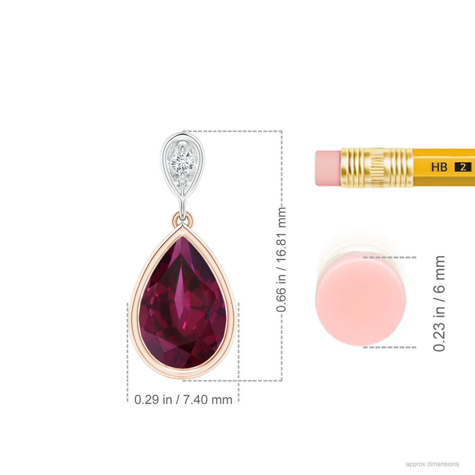 9x6mm AAA Bezel-Set Rhodolite Teardrop Pendant with Diamond in Rose Gold White Gold ruler
