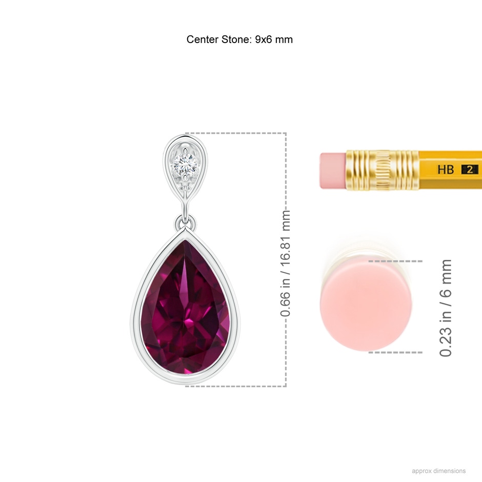 9x6mm AAAA Bezel-Set Rhodolite Teardrop Pendant with Diamond in White Gold ruler