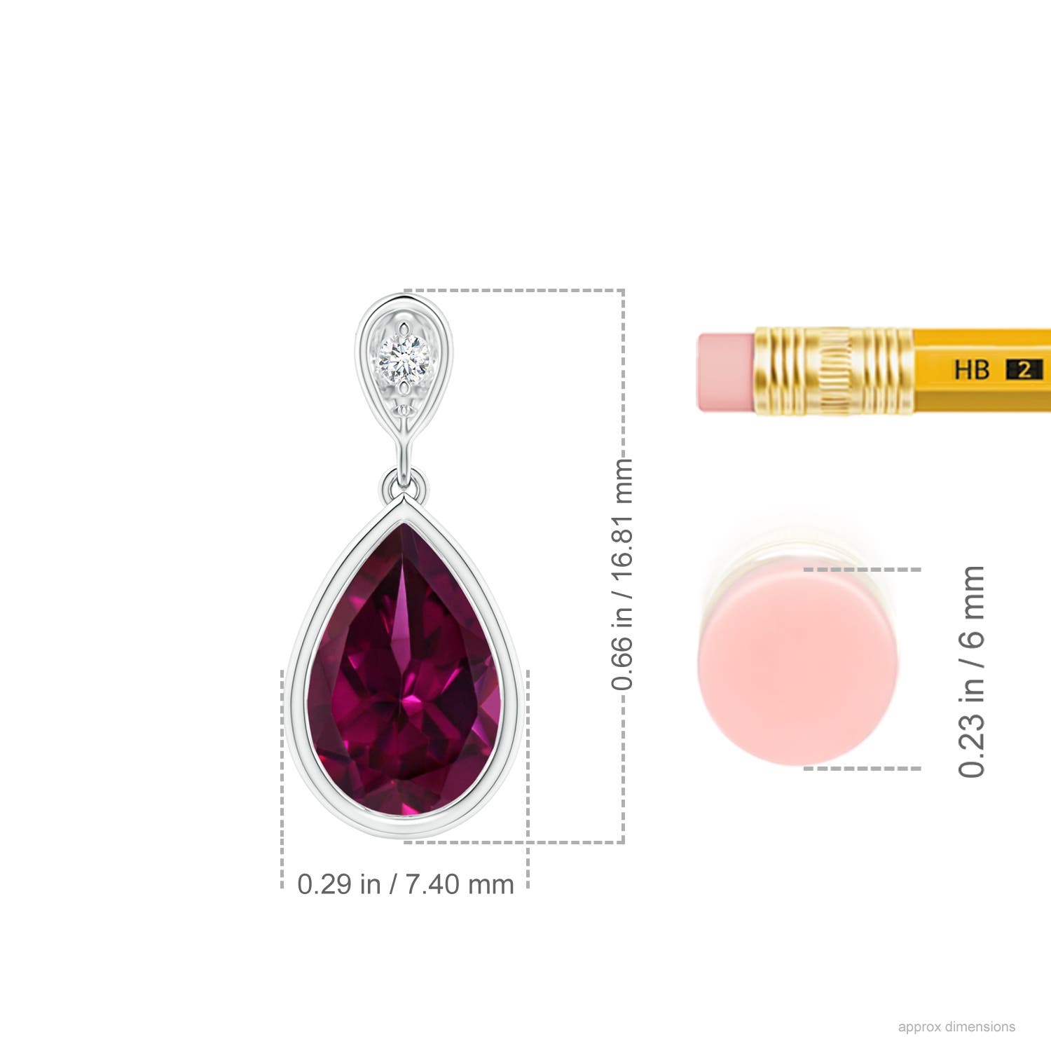 9x6mm AAAA Bezel-Set Rhodolite Teardrop Pendant with Diamond in White Gold - ruler