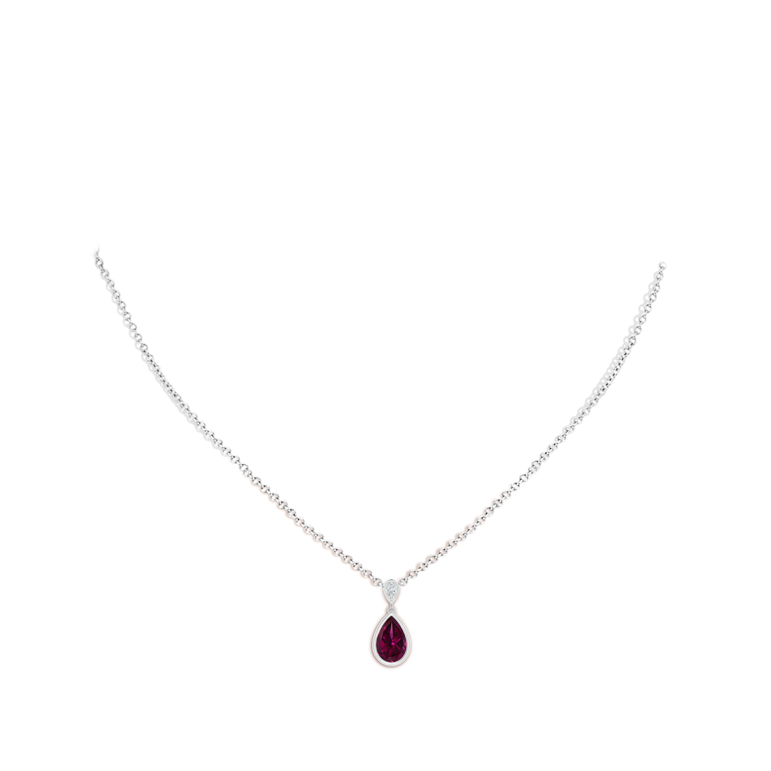 9x6mm AAAA Bezel-Set Rhodolite Teardrop Pendant with Diamond in White Gold - body_neck