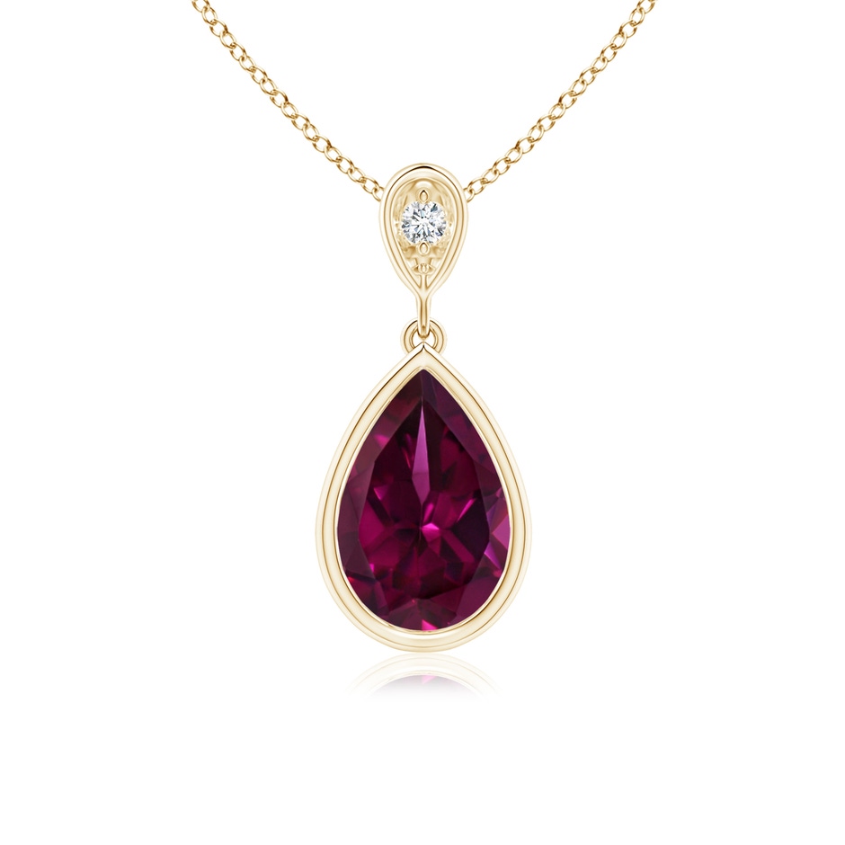 9x6mm AAAA Bezel-Set Rhodolite Teardrop Pendant with Diamond in Yellow Gold 