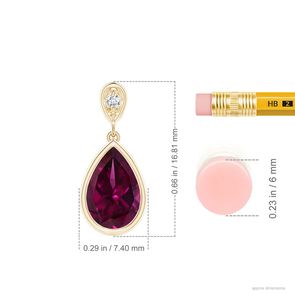 9x6mm AAAA Bezel-Set Rhodolite Teardrop Pendant with Diamond in Yellow Gold ruler