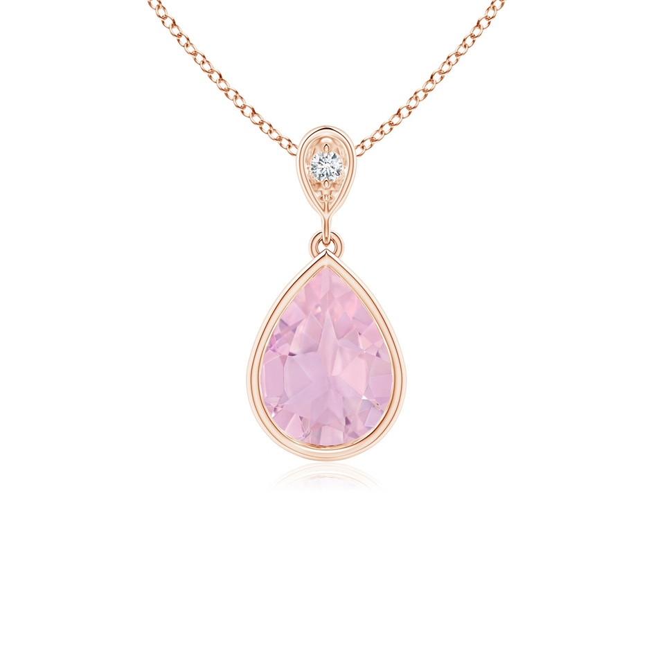 8x6mm AAAA Bezel-Set Rose Quartz Teardrop Pendant with Diamond in Rose Gold 