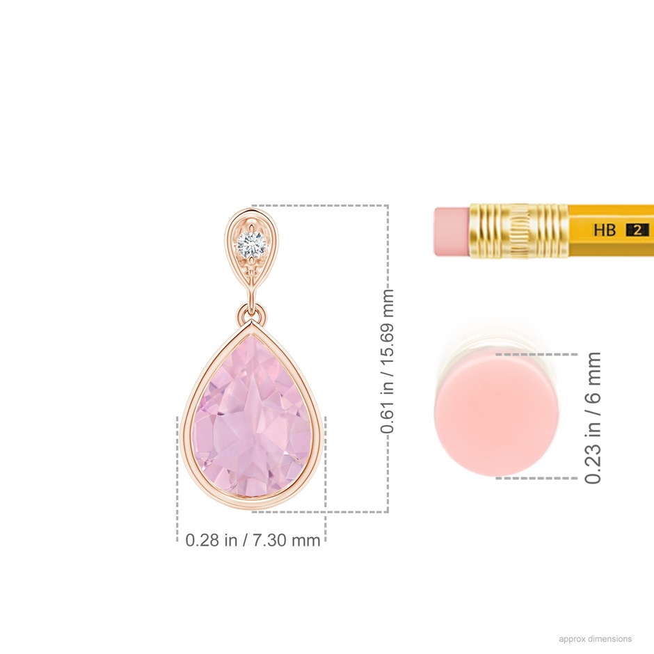 8x6mm AAAA Bezel-Set Rose Quartz Teardrop Pendant with Diamond in Rose Gold ruler