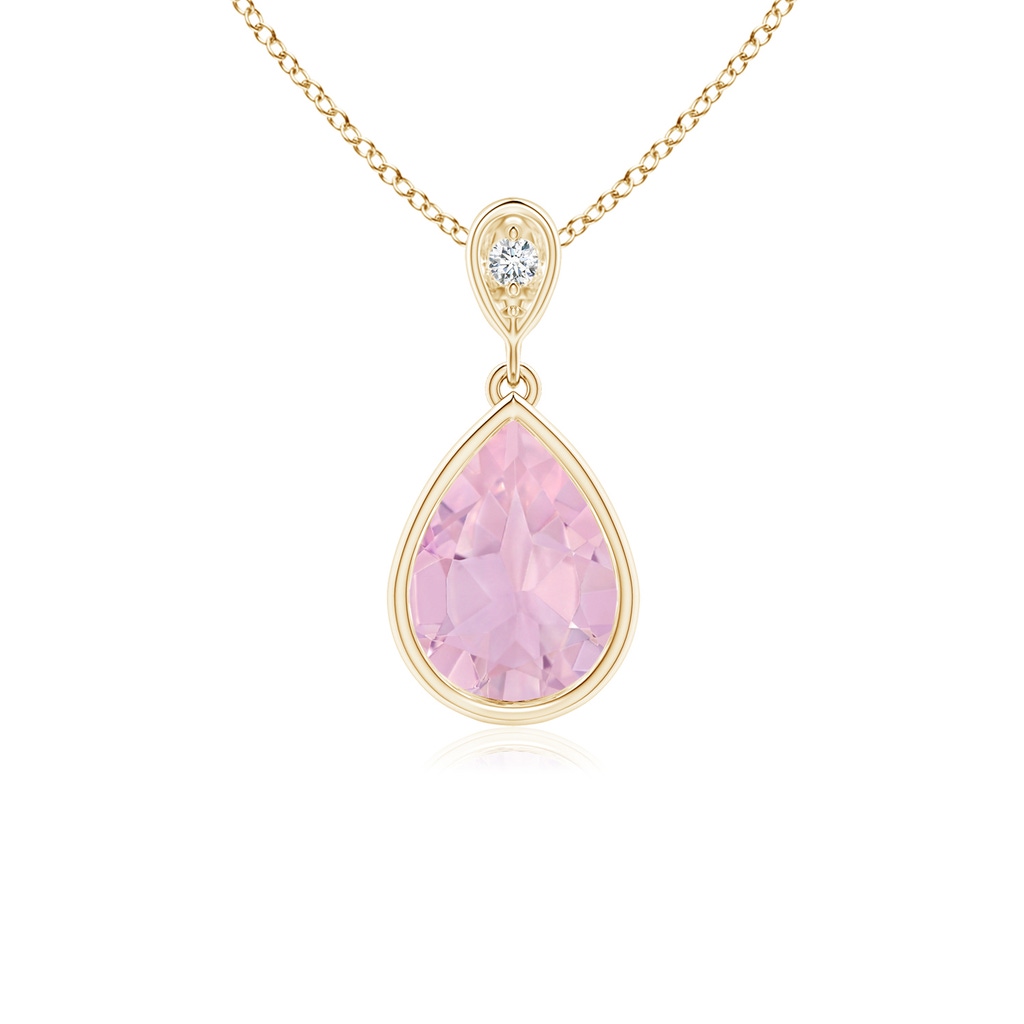 8x6mm AAAA Bezel-Set Rose Quartz Teardrop Pendant with Diamond in Yellow Gold