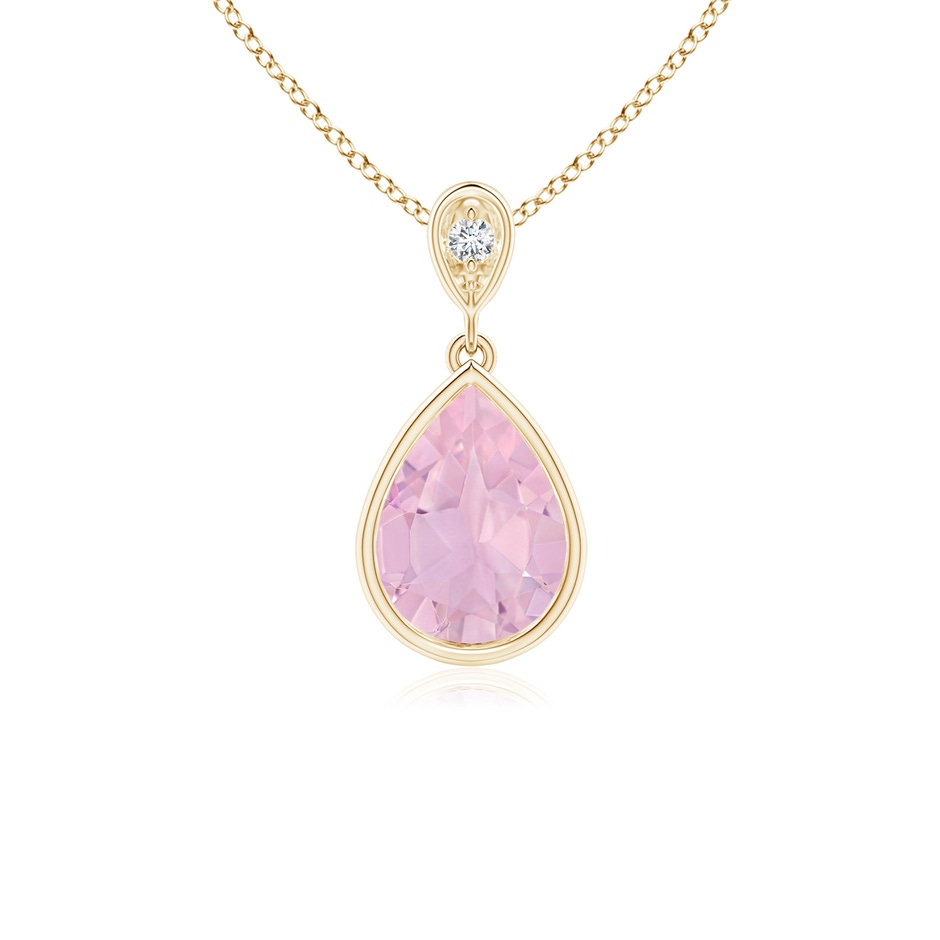 8x6mm AAAA Bezel-Set Rose Quartz Teardrop Pendant with Diamond in Yellow Gold 