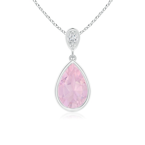 9x6mm AAA Bezel-Set Rose Quartz Teardrop Pendant with Diamond in White Gold
