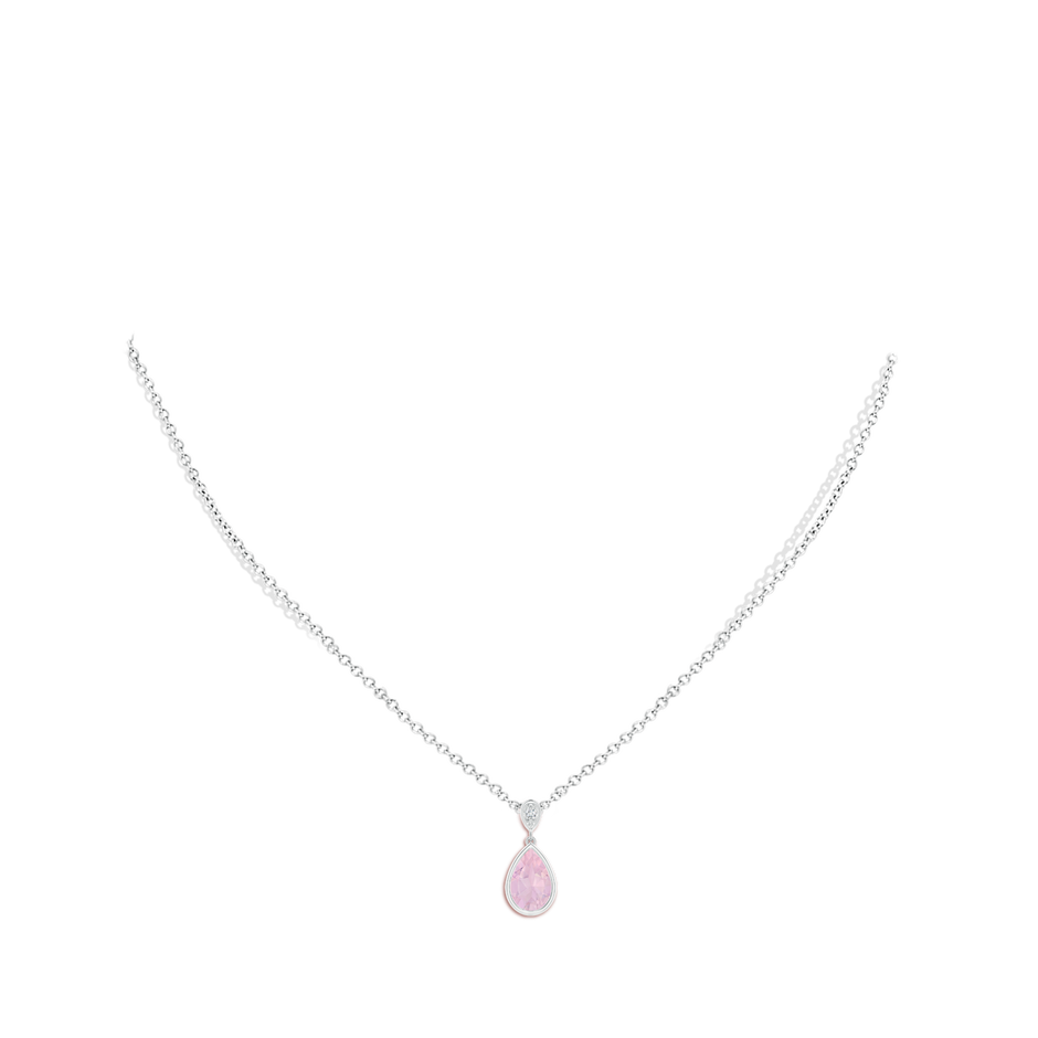 9x6mm AAA Bezel-Set Rose Quartz Teardrop Pendant with Diamond in White Gold body-neck