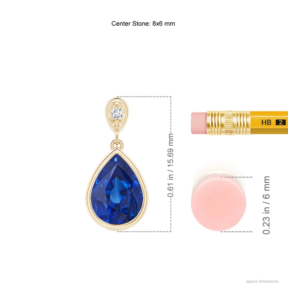 8x6mm AAA Bezel-Set Sapphire Teardrop Pendant with Diamond in Yellow Gold ruler