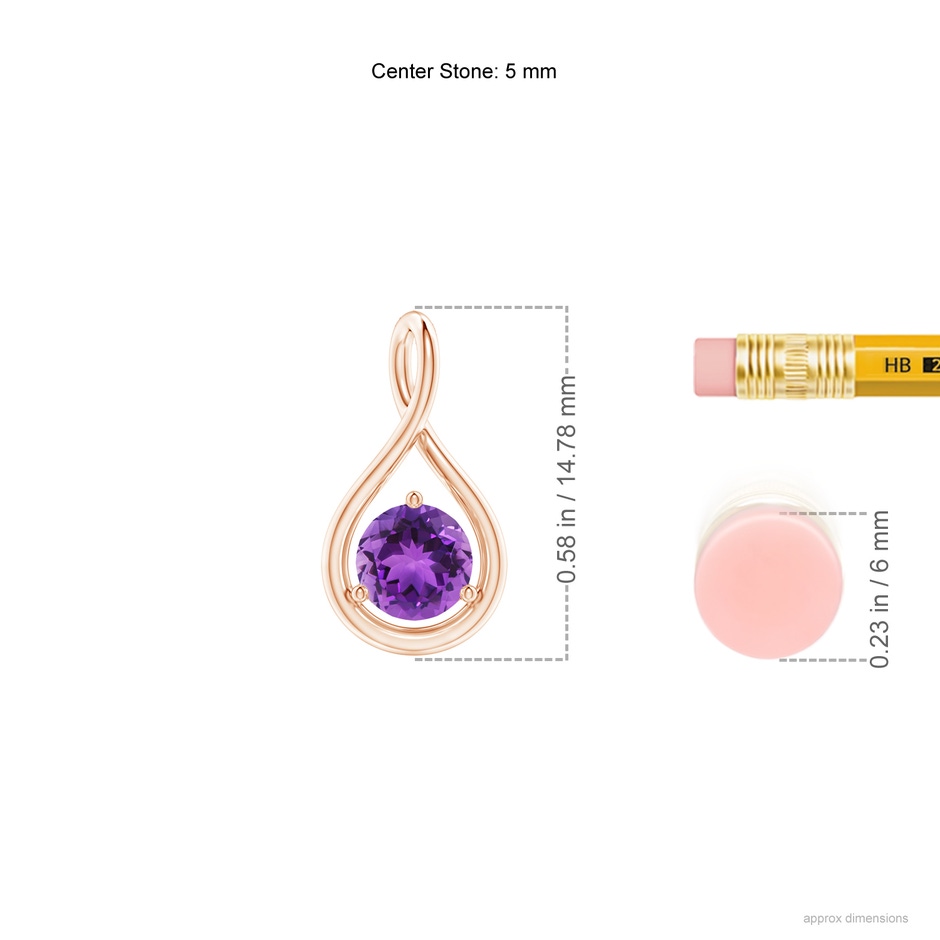 5mm AAA Solitaire Round Amethyst Infinity Twist Pendant in Rose Gold ruler