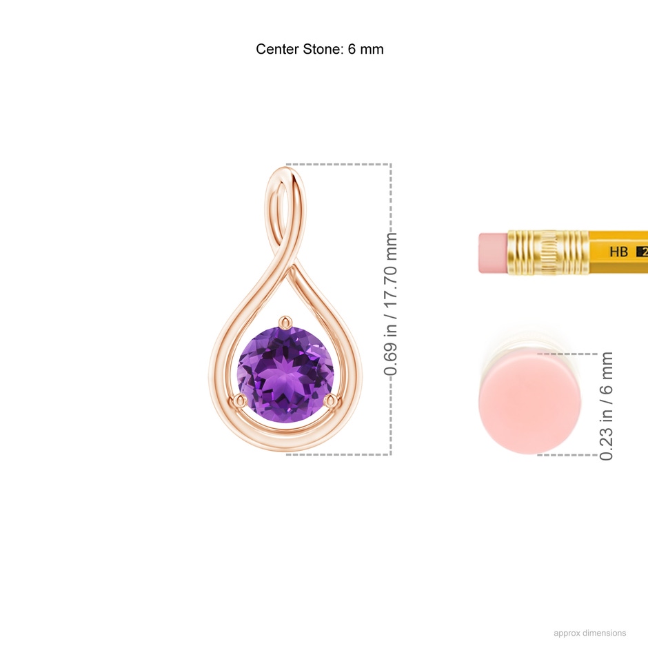 6mm AAA Solitaire Round Amethyst Infinity Twist Pendant in Rose Gold ruler
