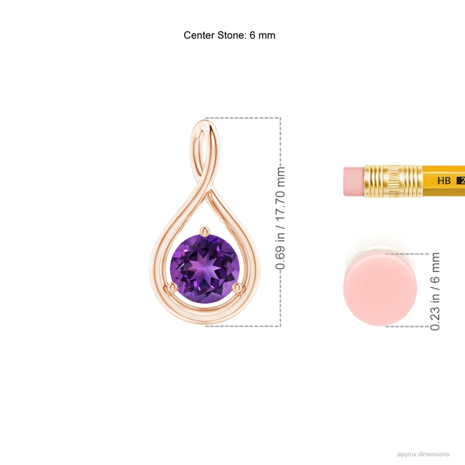 6mm AAAA Solitaire Round Amethyst Infinity Twist Pendant in 18K Rose Gold ruler