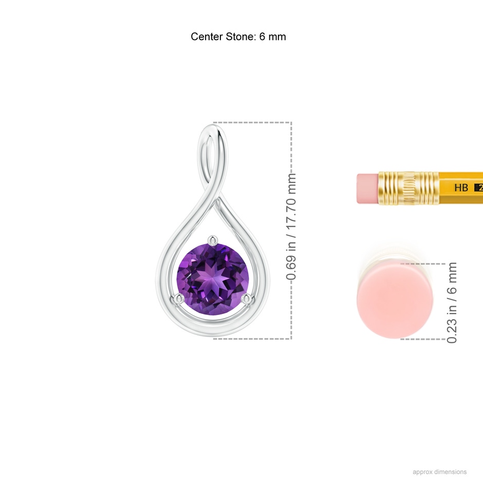 6mm AAAA Solitaire Round Amethyst Infinity Twist Pendant in 18K White Gold ruler