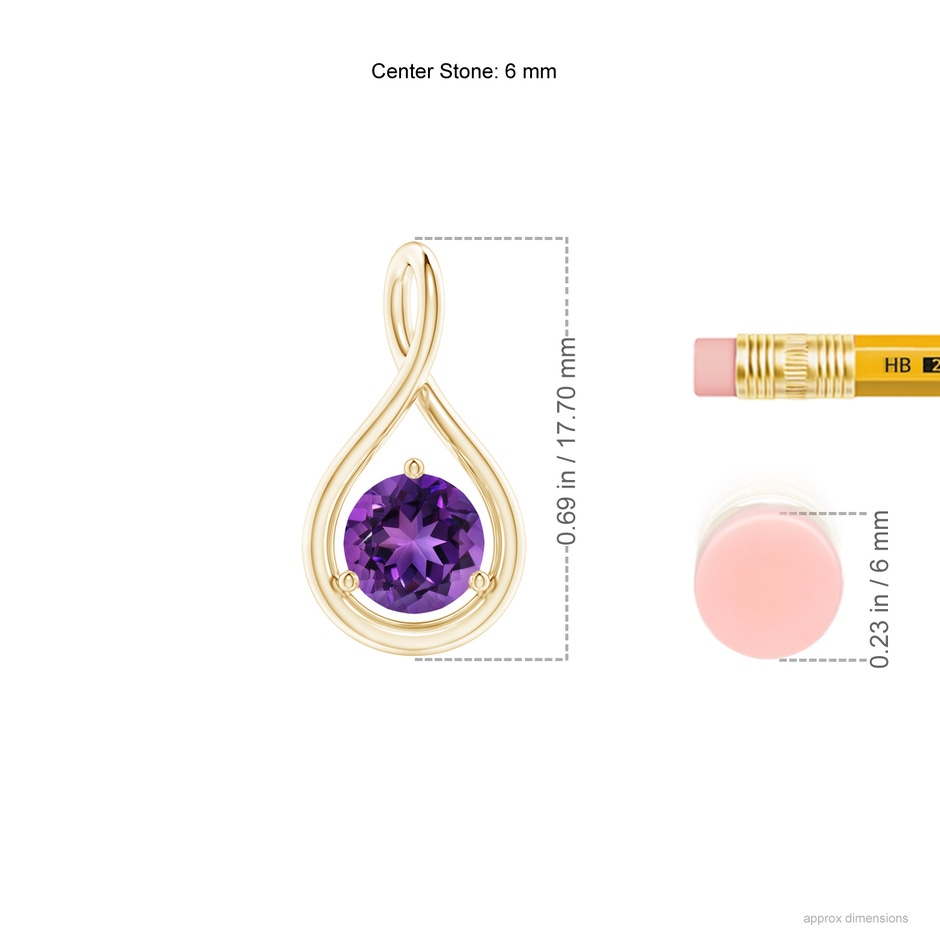 6mm AAAA Solitaire Round Amethyst Infinity Twist Pendant in Yellow Gold ruler