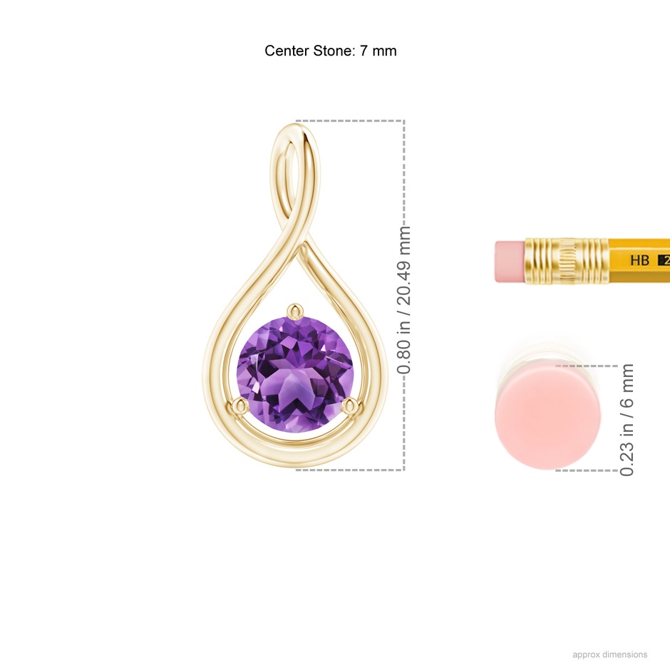7mm AA Solitaire Round Amethyst Infinity Twist Pendant in Yellow Gold ruler