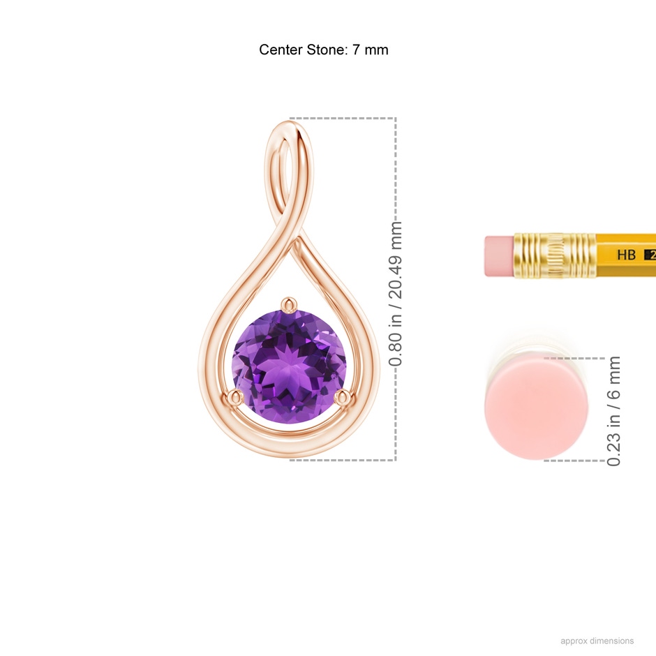 7mm AAA Solitaire Round Amethyst Infinity Twist Pendant in Rose Gold ruler